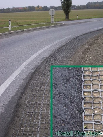 Filename StraenbankettKreisverkehrBaden_567x756.jpg. An overview with a close-up of highways in Belgium which use ecoraster for roadside verges and emergency pull-off lanes.t